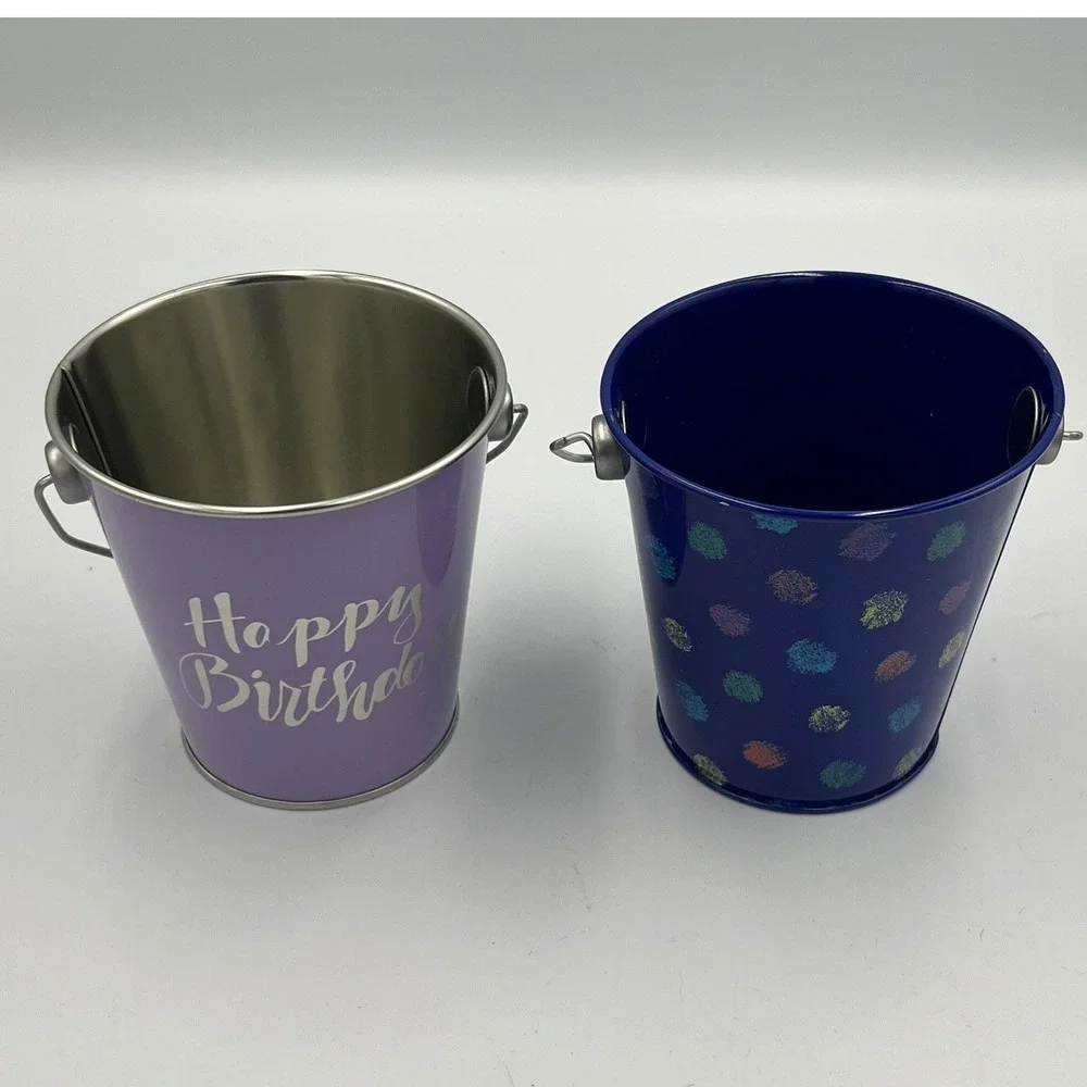 Made For Retail Metal Pails Kids OS Purple Blue Very Good Birthday Polka Dot